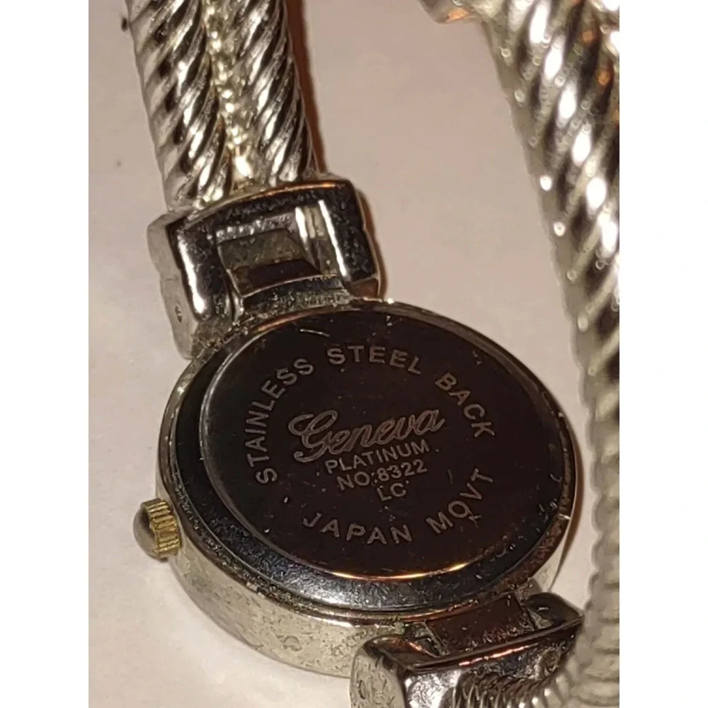 Geneva Platinum Bracelet Watch Silver 8322 Twisted Cable Cuff Rhinestone Bezel